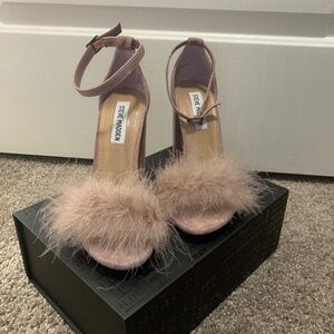 Steve Madden pink high-heeled sandals with a fluffy faux fur accent